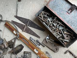 Farm Hardware Supplies and Hand Tools Including Steel Hinges, 48" Level and Electrical Boxes 