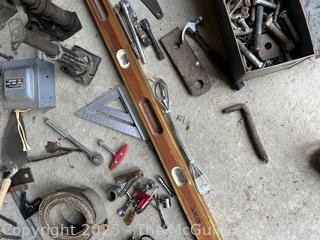Farm Hardware Supplies and Hand Tools Including Steel Hinges, 48" Level and Electrical Boxes 