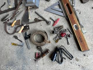 Farm Hardware Supplies and Hand Tools Including Steel Hinges, 48" Level and Electrical Boxes 