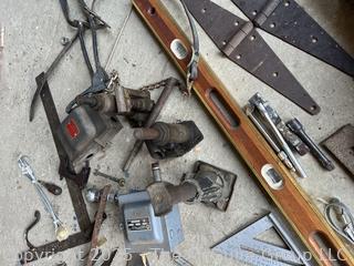Farm Hardware Supplies and Hand Tools Including Steel Hinges, 48" Level and Electrical Boxes 