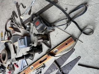 Farm Hardware Supplies and Hand Tools Including Steel Hinges, 48" Level and Electrical Boxes 