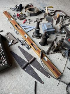 Farm Hardware Supplies and Hand Tools Including Steel Hinges, 48" Level and Electrical Boxes 