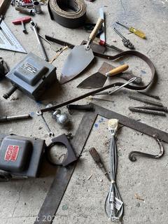 Farm Hardware Supplies and Hand Tools Including Steel Hinges, 48" Level and Electrical Boxes 