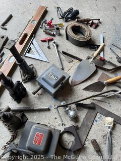 Farm Hardware Supplies and Hand Tools Including Steel Hinges, 48" Level and Electrical Boxes 