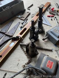 Farm Hardware Supplies and Hand Tools Including Steel Hinges, 48" Level and Electrical Boxes 