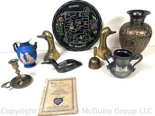 Eclectic Grouping: Brass items; play program; vase; urn; candlestick; etc