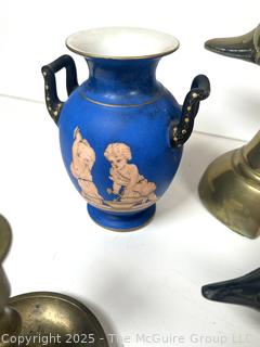 Eclectic Grouping: Brass items; play program; vase; urn; candlestick; etc