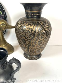 Eclectic Grouping: Brass items; play program; vase; urn; candlestick; etc