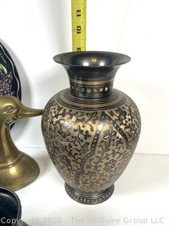 Eclectic Grouping: Brass items; play program; vase; urn; candlestick; etc