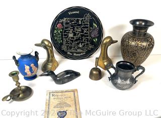 Eclectic Grouping: Brass items; play program; vase; urn; candlestick; etc