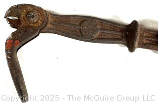 Antique tools: perforator; nail puller; leather hole punch; grommet vise; and 2 Cork Crimping Tool Cast Iron One Mounted on Wood Base by Seargent & Co