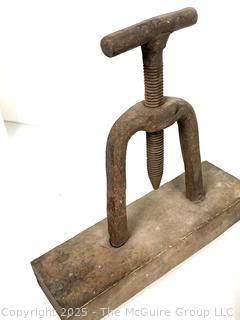 Antique tools: perforator; nail puller; leather hole punch; grommet vise; and 2 Cork Crimping Tool Cast Iron One Mounted on Wood Base by Seargent & Co