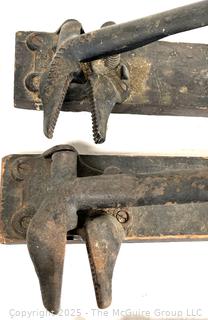 Antique tools: perforator; nail puller; leather hole punch; grommet vise; and 2 Cork Crimping Tool Cast Iron One Mounted on Wood Base by Seargent & Co