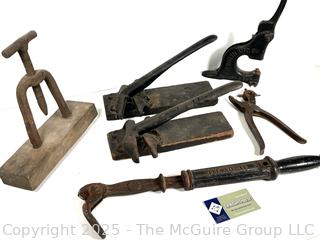 Antique tools: perforator; nail puller; leather hole punch; grommet vise; and 2 Cork Crimping Tool Cast Iron One Mounted on Wood Base by Seargent & Co