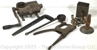 Antique Russell & Erwin tobacco grinder; ladle for molten lead; hide scraper; grommet press