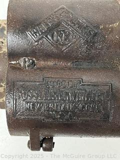 Antique Russell & Erwin tobacco grinder; ladle for molten lead; hide scraper; grommet press