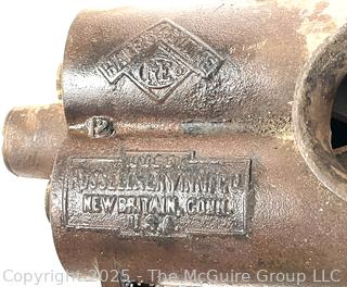 Antique Russell & Erwin tobacco grinder; ladle for molten lead; hide scraper; grommet press
