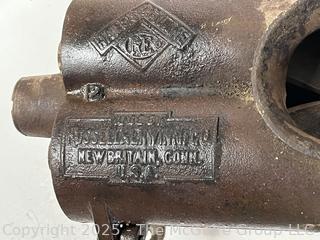 Antique Russell & Erwin tobacco grinder; ladle for molten lead; hide scraper; grommet press