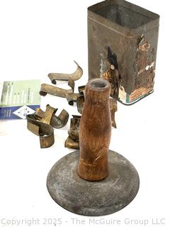 Antique Russell & Erwin tobacco grinder; ladle for molten lead; hide scraper; grommet press