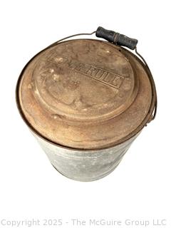 Antique HOME RULE Galvanized Gas Can w/ Wooden Handle & Internal Pump