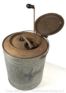 Antique HOME RULE Galvanized Gas Can w/ Wooden Handle & Internal Pump