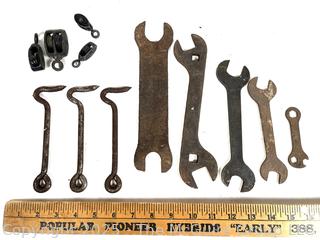 Farm Tools Including Specific Function Wrenches Often Supplied w/ Implement Purchase, Metal Pulleys and Door/Gate Fasteners