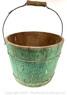 Antique Knight's Blue Painted Wood Stave Bucket 9 1/2" tall