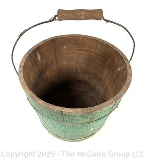 Antique Knight's Blue Painted Wood Stave Bucket 9 1/2" tall