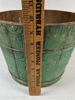Antique Knight's Blue Painted Wood Stave Bucket 9 1/2" tall
