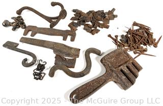 Assorted iron and nails: VINTAGE HERSCH STEEL CHAIN DETACHER TOOL