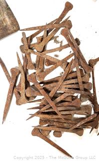 Assorted iron and nails: VINTAGE HERSCH STEEL CHAIN DETACHER TOOL