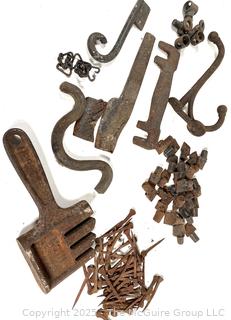 Assorted iron and nails: VINTAGE HERSCH STEEL CHAIN DETACHER TOOL