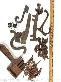 Assorted iron and nails: VINTAGE HERSCH STEEL CHAIN DETACHER TOOL