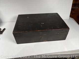 Wood box of tools: Hand Brace, scribes; and Vintage Leather Punch Set Round Circular for Leather or Rubber