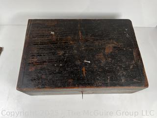 Wood box of tools: Hand Brace, scribes; and Vintage Leather Punch Set Round Circular for Leather or Rubber