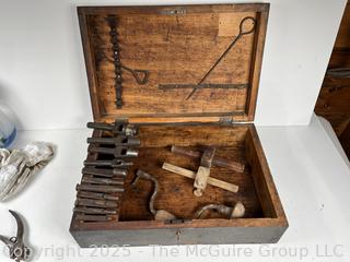 Wood box of tools: Hand Brace, scribes; and Vintage Leather Punch Set Round Circular for Leather or Rubber