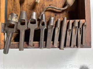 Wood box of tools: Hand Brace, scribes; and Vintage Leather Punch Set Round Circular for Leather or Rubber