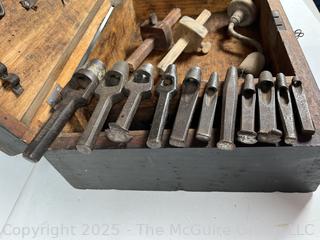 Wood box of tools: Hand Brace, scribes; and Vintage Leather Punch Set Round Circular for Leather or Rubber