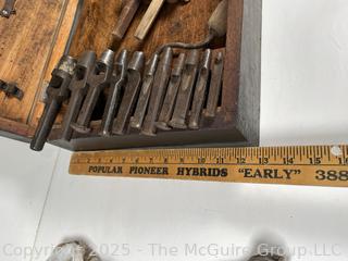 Wood box of tools: Hand Brace, scribes; and Vintage Leather Punch Set Round Circular for Leather or Rubber