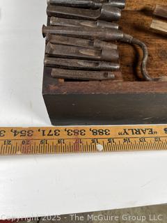 Wood box of tools: Hand Brace, scribes; and Vintage Leather Punch Set Round Circular for Leather or Rubber