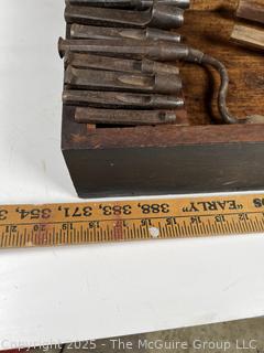Wood box of tools: Hand Brace, scribes; and Vintage Leather Punch Set Round Circular for Leather or Rubber