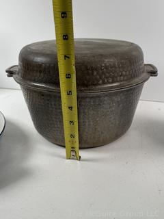 Cooking items: Vintage Le Winter Appliance Co Brushed Aluminum Hammered Dutch Oven 1930's; Le Creuset frying pan; and DRU Holland Blue Tulip Enameled Cast Iron Oval Baker Casserole Dish; blue ceramic creamer