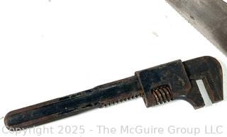 Hand tools and Hardware: Keyed door lock; hex-key socket set; cross-cut hand saw (Challenger by DISSTON); and adjustable wrench