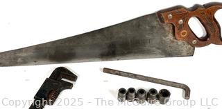 Hand tools and Hardware: Keyed door lock; hex-key socket set; cross-cut hand saw (Challenger by DISSTON); and adjustable wrench