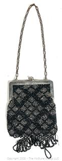 Victorian Black & Silver Glass Beaded Handbag 