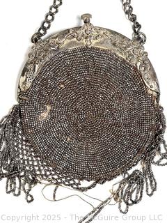 Victorian Steel Bead Fringe Handbag with Chatelaine Belt Clip 