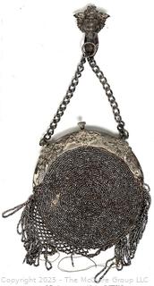 Victorian Steel Bead Fringe Handbag with Chatelaine Belt Clip 