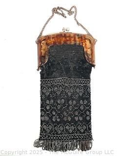 Victorian Black & Silver Glass Beaded Handbag with Celluloid Frame