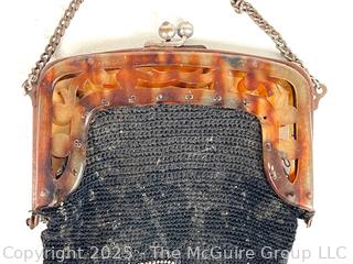 Victorian Black & Silver Glass Beaded Handbag with Celluloid Frame