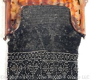 Victorian Black & Silver Glass Beaded Handbag with Celluloid Frame